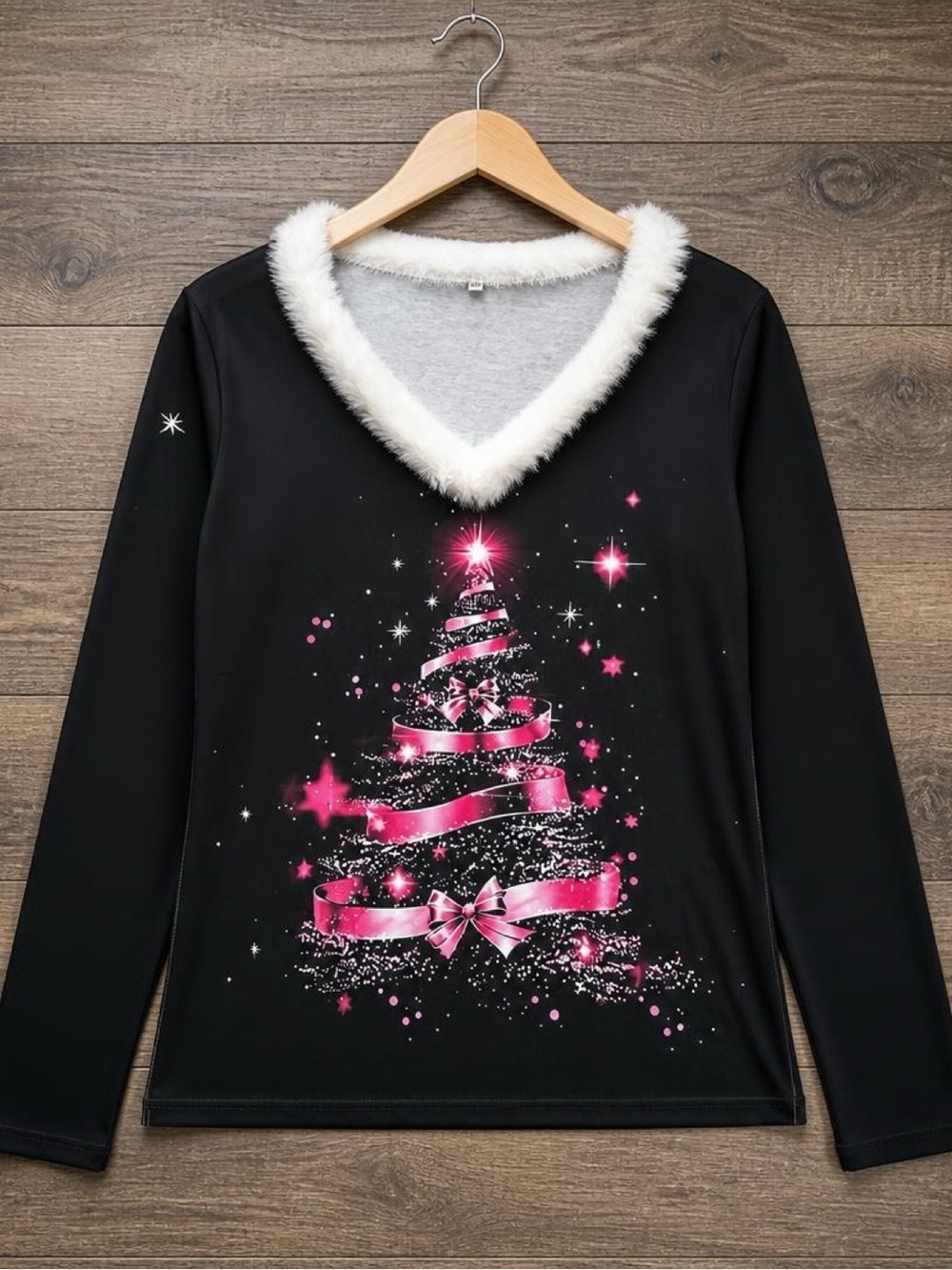 Black Long-Sleeve V-Neck Sweater with Pink Ribbon Tree